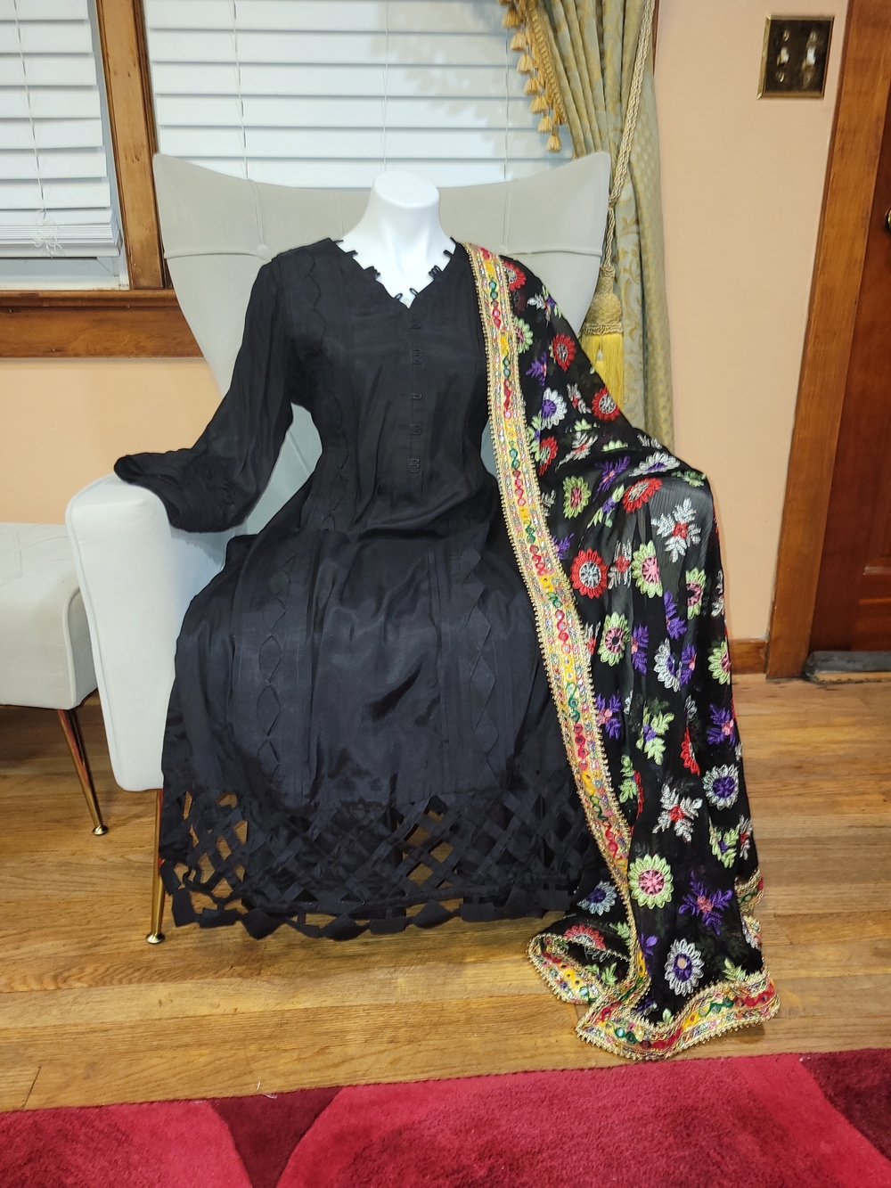 Elegant Black Long Sleeve Dress with Embroidered Black Dupatta
